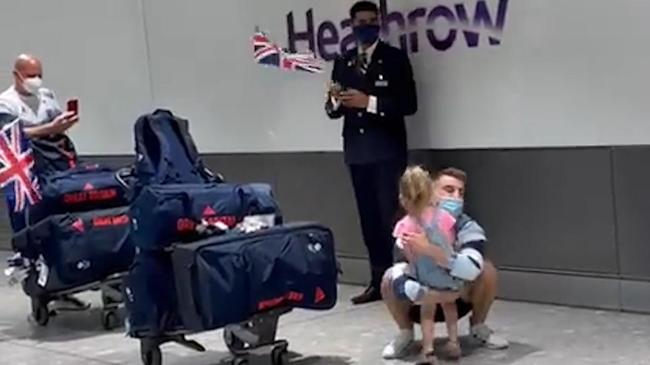 Adorable moment Team GB's Max Whitlock is greeted by daughter Willow at Heathrow