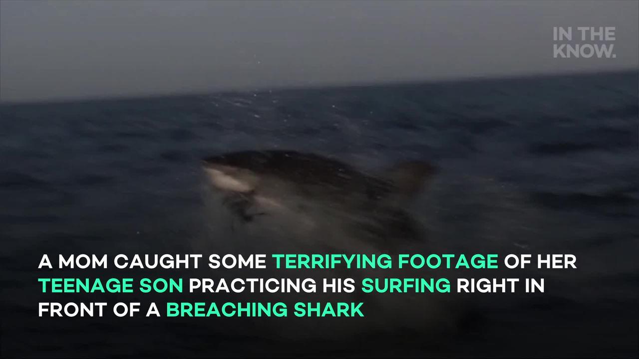 Mom realizes she filmed shark breaching behind her son surfing