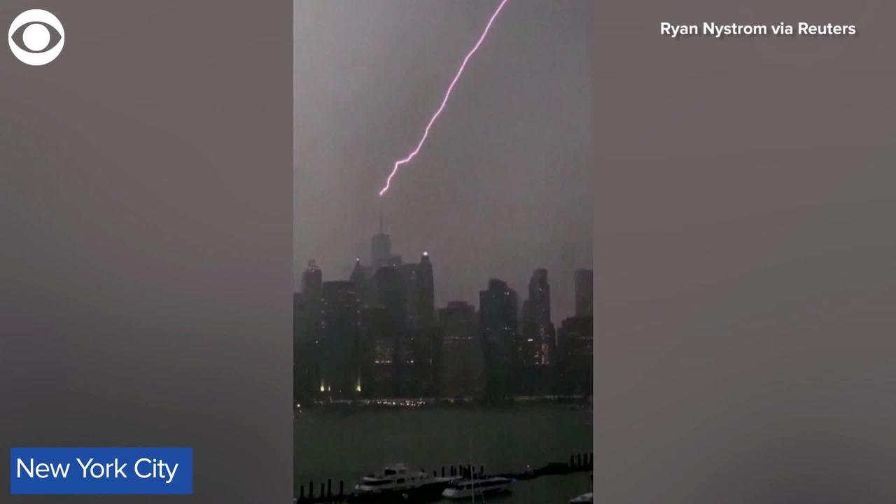 WEB EXTRA:Lightning Strike At One World Trade Center as Hurricane Henri approached NYC