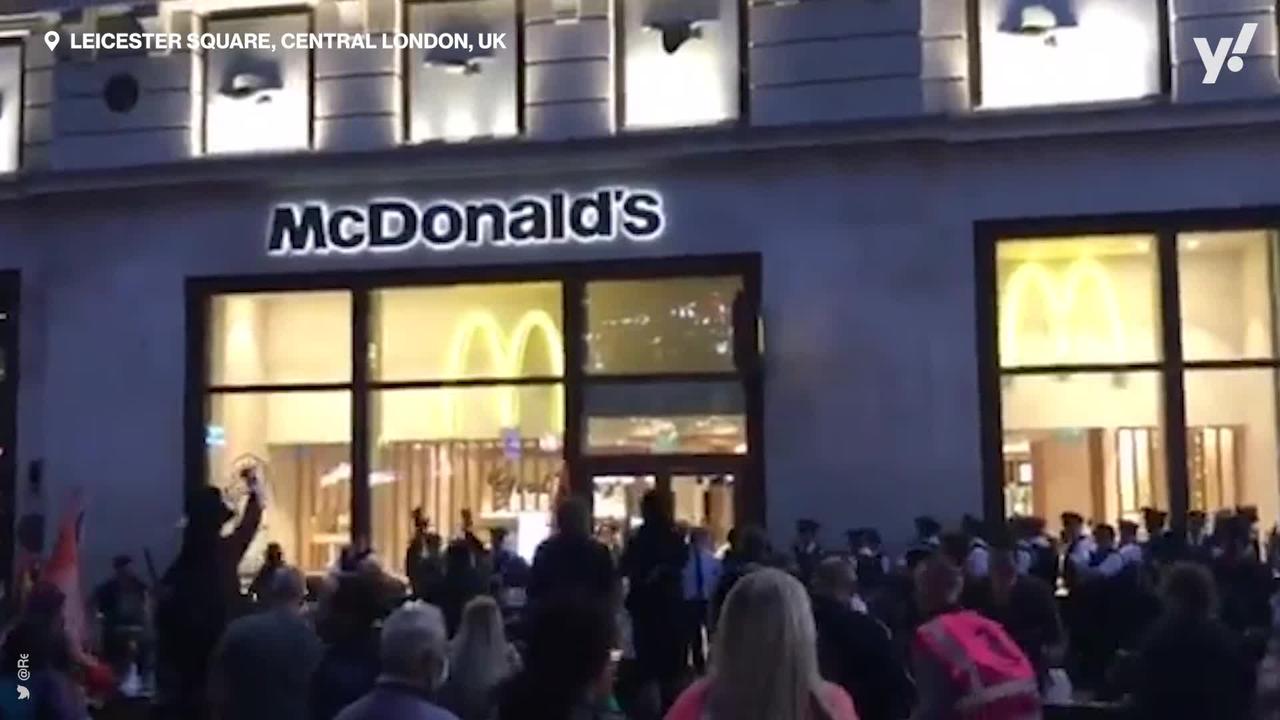 Scene outside McDonald’s as protesters glue themselves to store as part of Extinction Rebellion protests in London