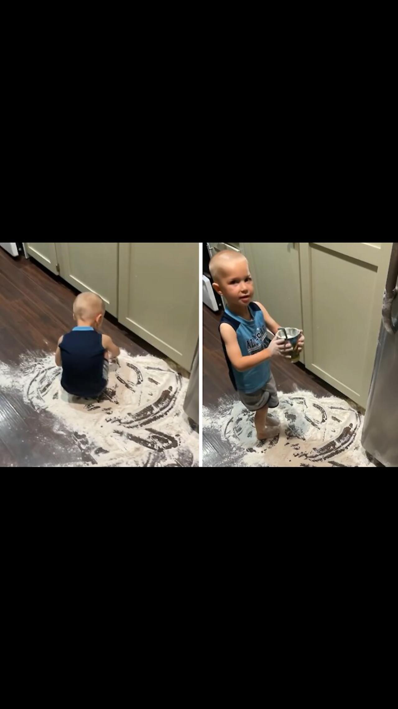 Kid makes an enormous mess on the kitchen floor