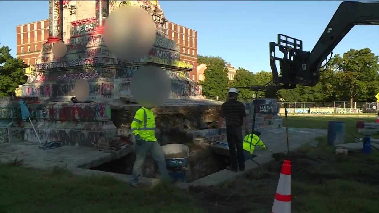 Crews work to replace concrete at Lee statue base after failing to unearth time capsule