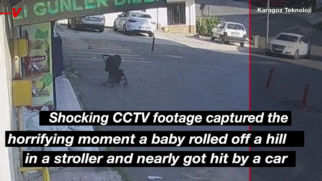 Heart-stopping Footage Of Baby in Stroller Nearly Getting Hit By Car