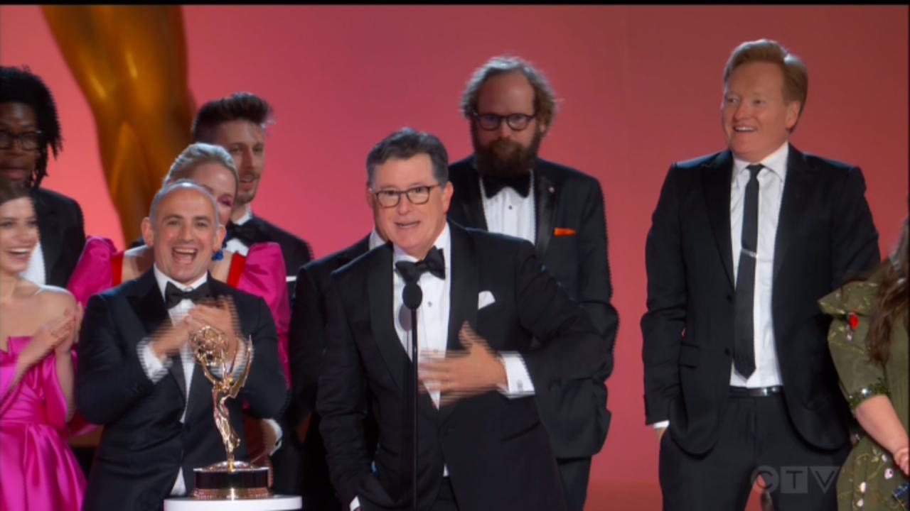 Stephen Colbert Reacts After Conan O’Brien Crashes Emmys Stage