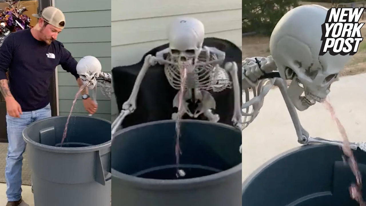 Happy Hurl-oween! Puking skeleton décor is scary-good