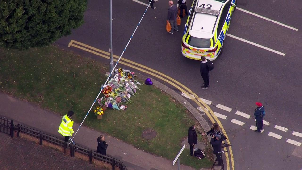 Aerials of police presence and mourners in Leigh-on-Sea