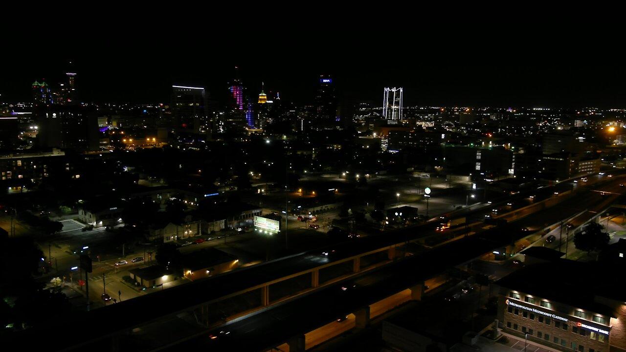 Night drone footage of San Antonio skyline