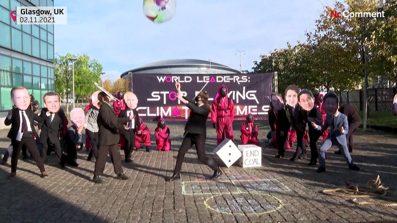 Squid Game-themed climate protest staged outside COP26 venue in Glasgow