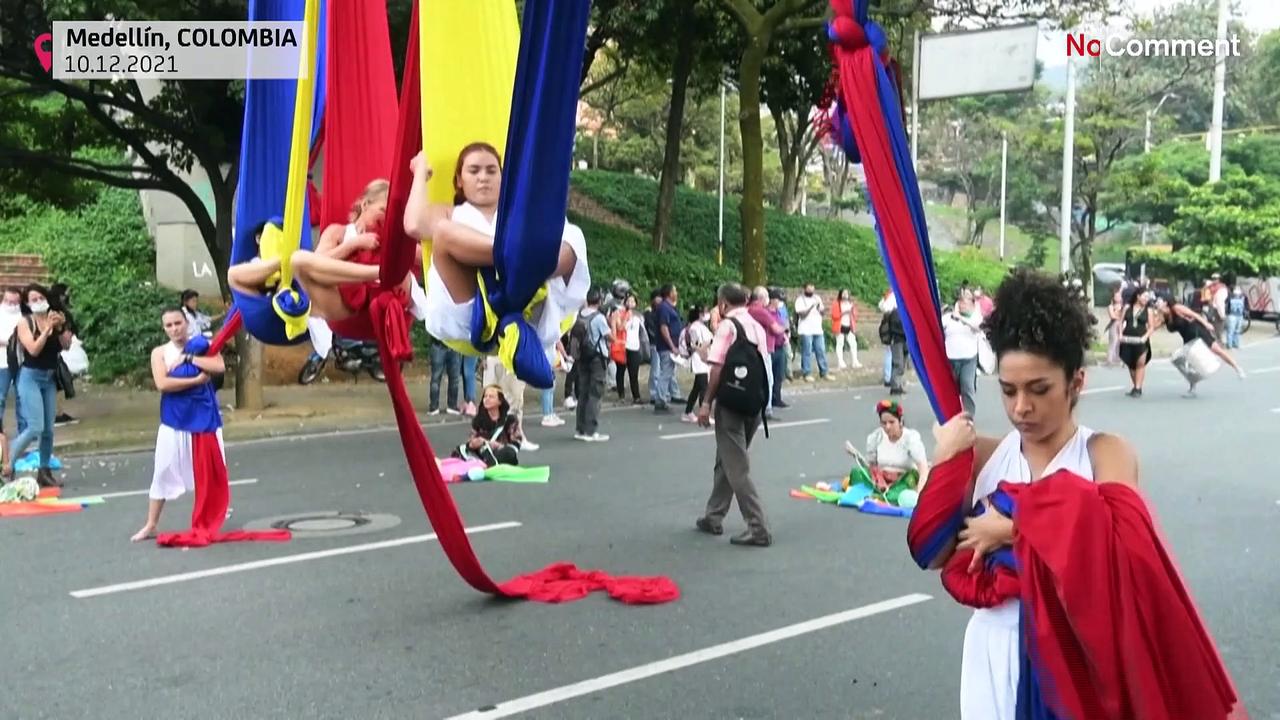 Artists perform a dance in homage of social leaders killed in Colombia