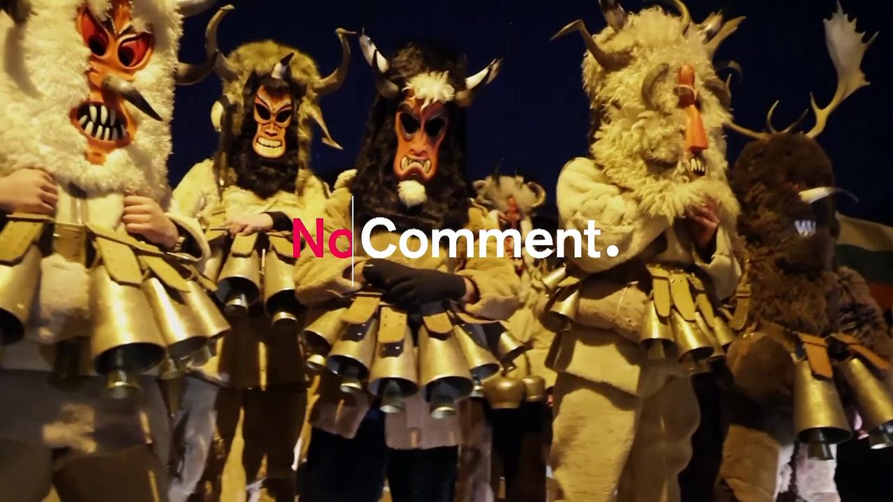 Masked dancers chase away evil at a festival in Bulgaria