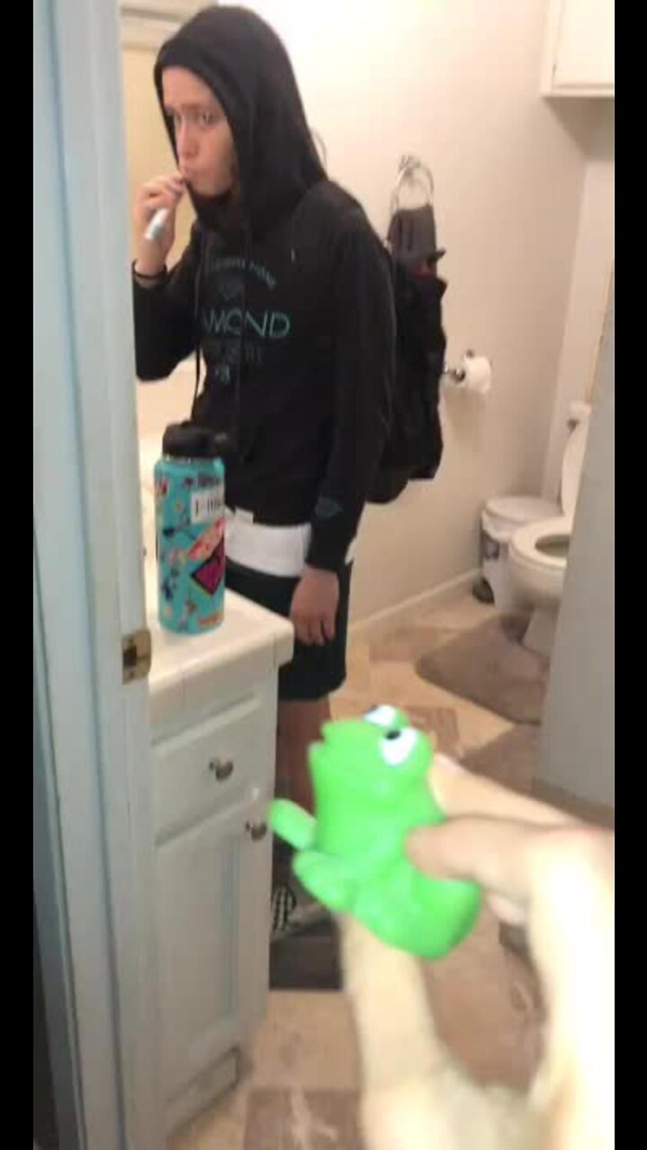 Person tries to beat up toy frog, and then everything falls out of her backpack.MOV