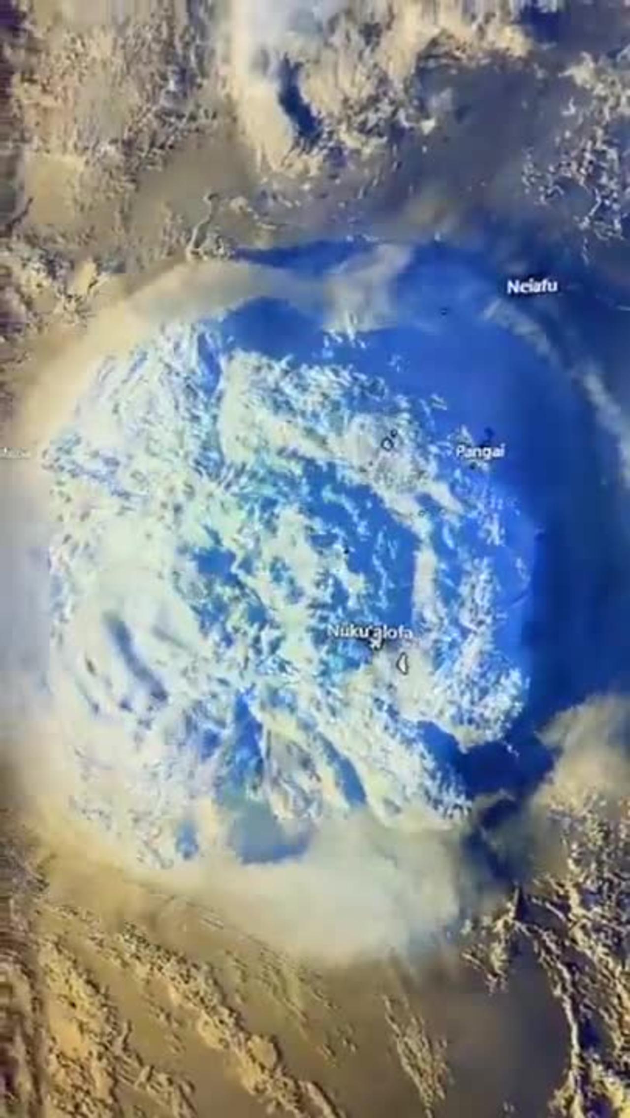 Space view of an explosive underwater volcano eruption in Tonga that caused Tsunami