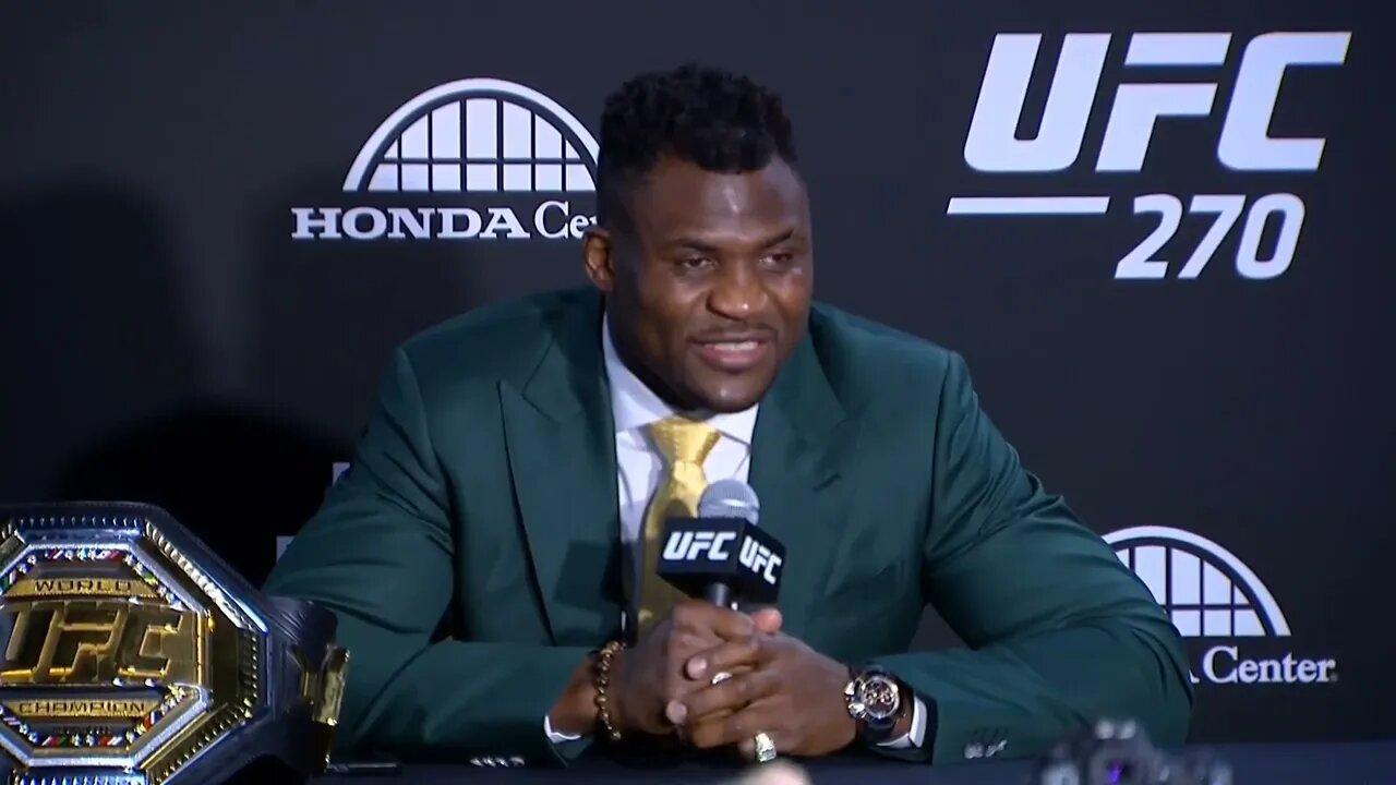 Francis Ngannou reacts to Dana White refusing to wrap belt around his waist after UFC 270 win 