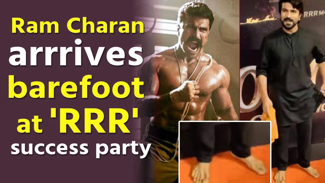 Ram Charan arrrives barefoot at 'RRR' success party
