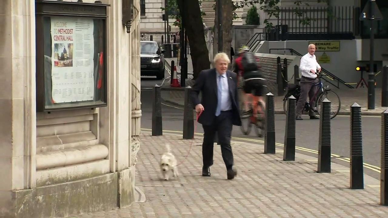 Boris Johnson arrives at polling station with pet dog Dilyn