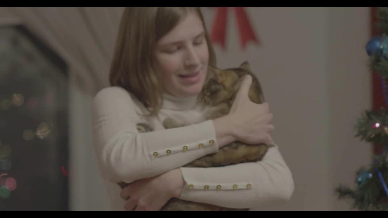 Young woman lifts up and cuddles a cat beside a Christmas tree - slow motion