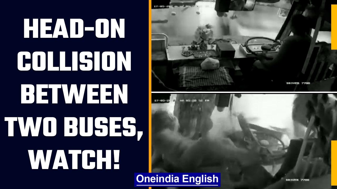 A head-on collision between two buses caught on camera, Watch | Oneindia News