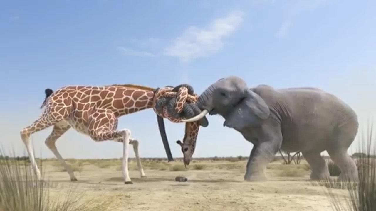 elephant  vs giraffe water fight  |
