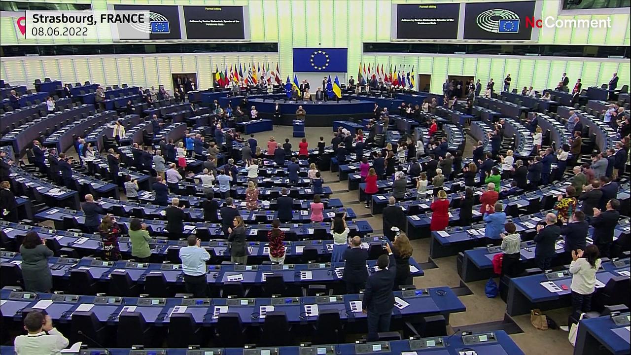 Ukrainian parliament speaker addresses MEPs at the European Parliament