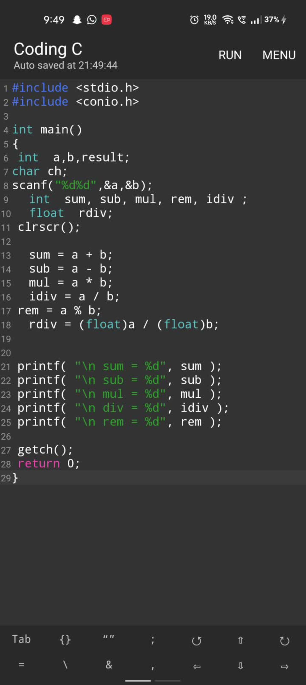 C programming simple calculator code