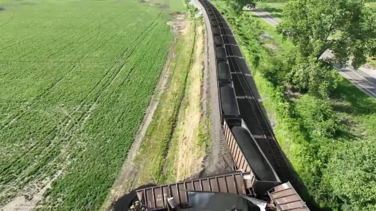 Aerial footage of coal train derailment north of Lawrence, Kansas.