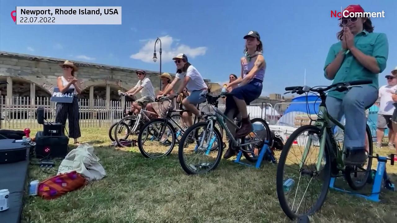 Newport Folk Festival stage powered by bikes
