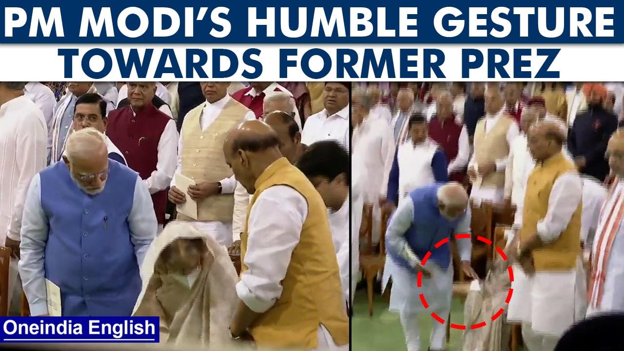 PM Modi picks Prathibha Patil’s handkerchief at Parliament House, Watch | Oneindia News *News