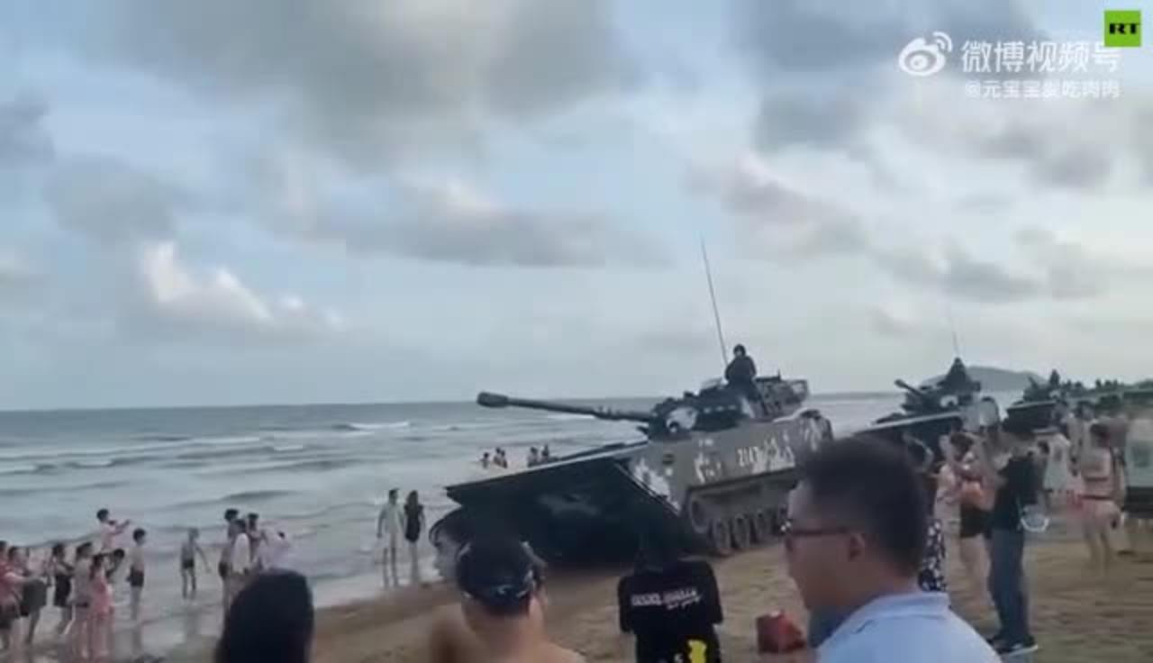 Chinese military vehicles deployed to beaches near Taiwan