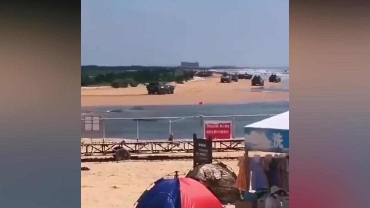 Chinese military vehicles seen today on a beach in Fujian province, right in front of Taiwan