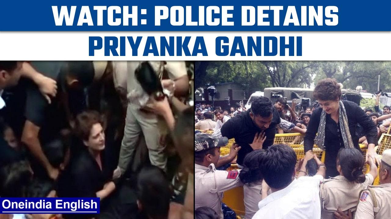 Priyanka Gandhi climbs over barricade, dragged by cops at Congress' protest | Oneindia News*News