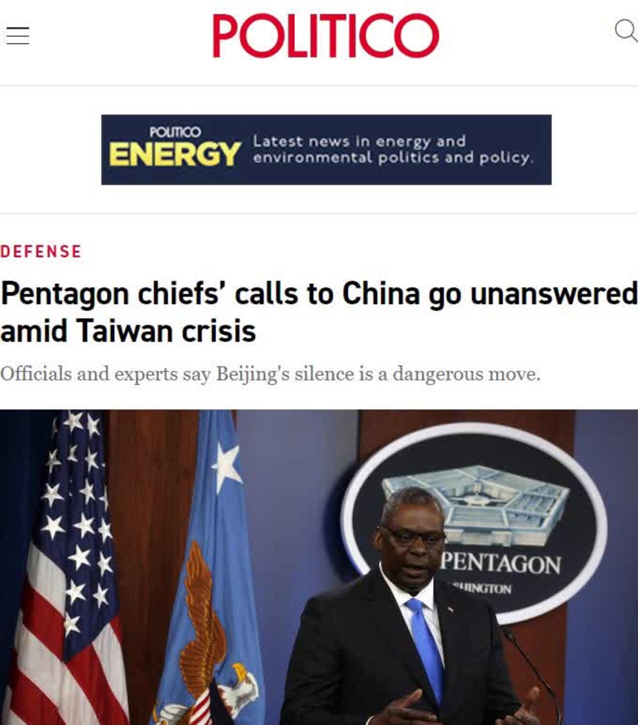 Pentagon chiefs’ calls to China go unanswered amid Taiwan crisis