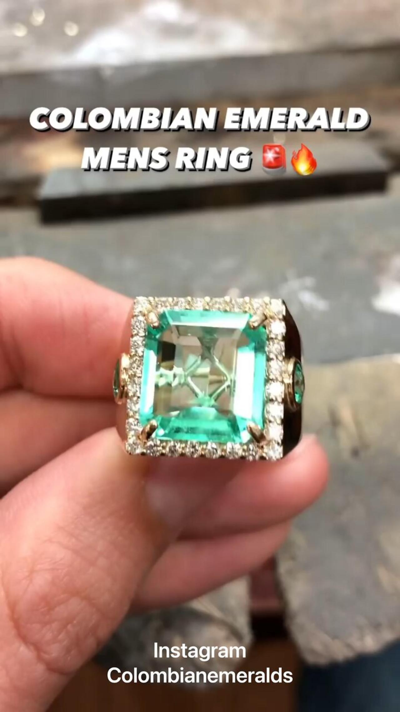 Square large statement size signet Colombian emerald and diamond halo three stone mens ring 14K