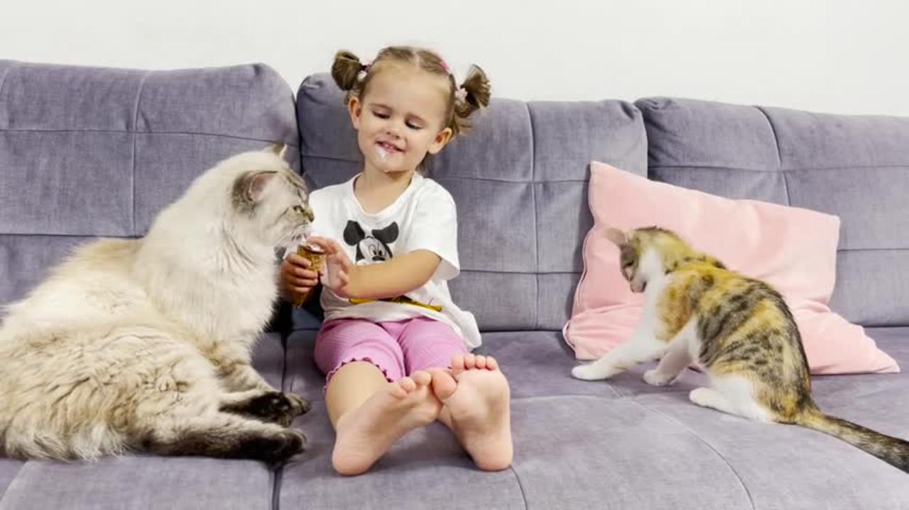 Cute_Baby_Girl_Shares_Her_Ice_Cream_With_Funny_Cats!_