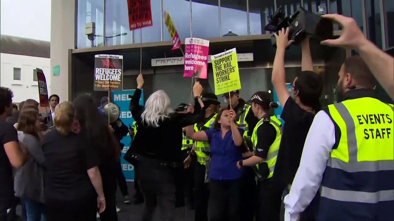 Protesters gather outside Tory hustings venue in Perth