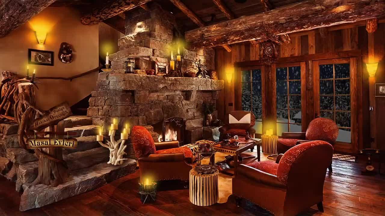 Fireplace Fire Sound and Snowfall, Relaxing environment for sleeping with Piano music 🔥🔥Fireplace🔥🔥