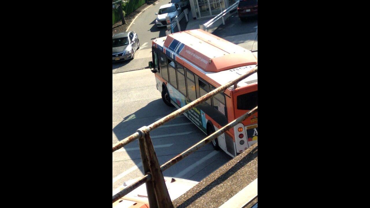 Aerial view of Orion buses from elevated train tracks Nassau county Long island New york