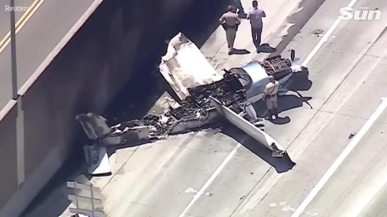 Astonishing dashcam video of plane crash landing on California highway before catching fire