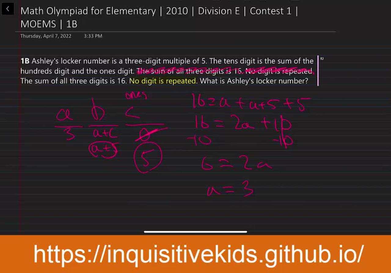 Math Olympiad for Elementary | 2010 | Division E | Contest 1 | MOEMS | 1B