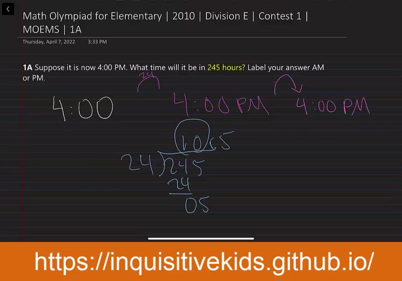 Math Olympiad for Elementary | 2010 | Division E | Contest 1 | MOEMS | 1A