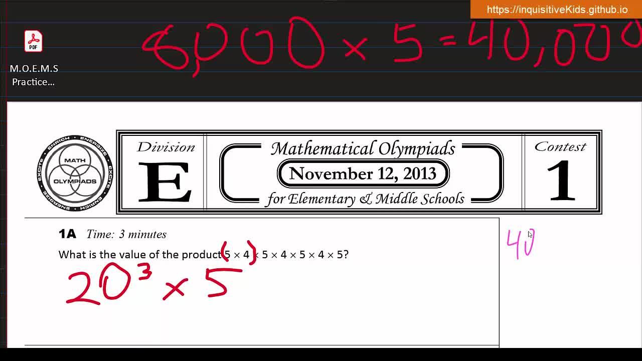 Math Olympiad for Elementary | 2013 | Division E | Contest 1 | MOEMS | 1A