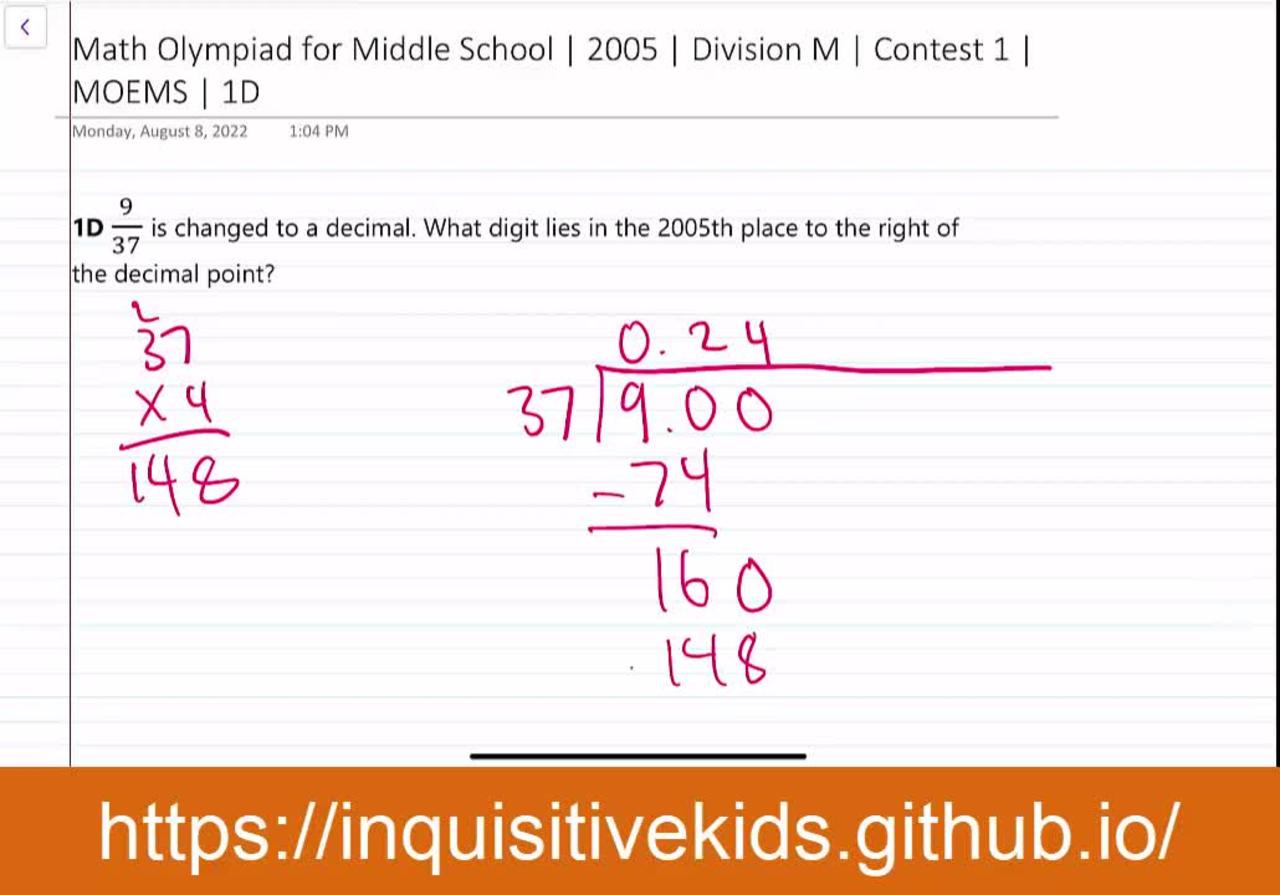 Math Olympiad for Middle School | 2005 | Division M | Contest 1 | MOEMS | 1D