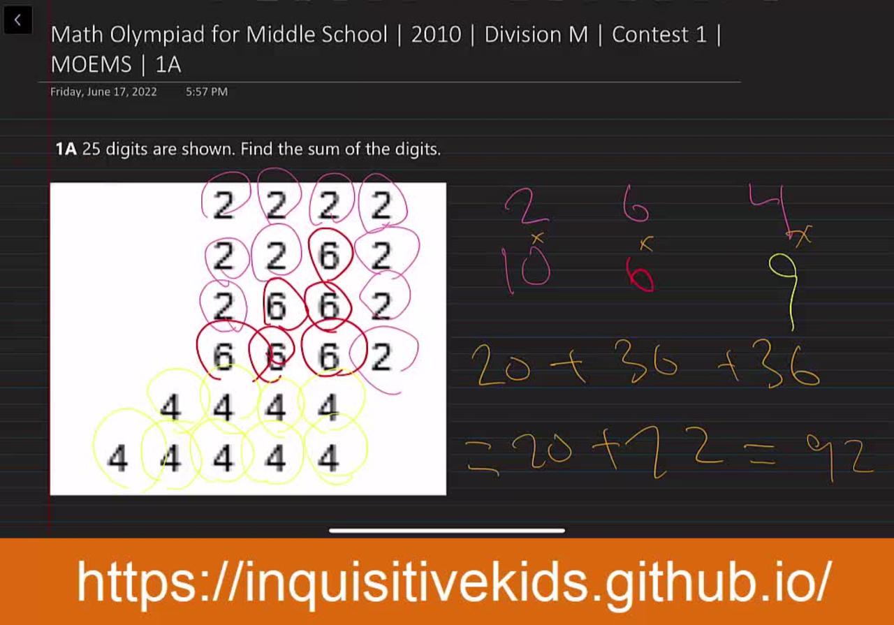 Math Olympiad for Middle School | 2010 | Division M | Contest 1 | MOEMS | 1A