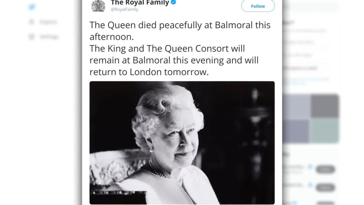 The Royal Family has tweeted that Queen Elizabeth II died peacefully