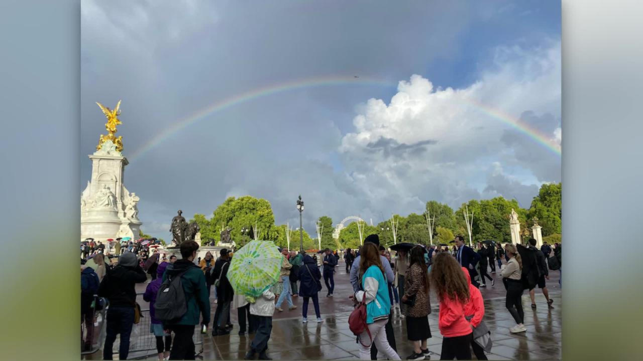 A rainbow appears outside Buckingham Palace following the Queen's passing