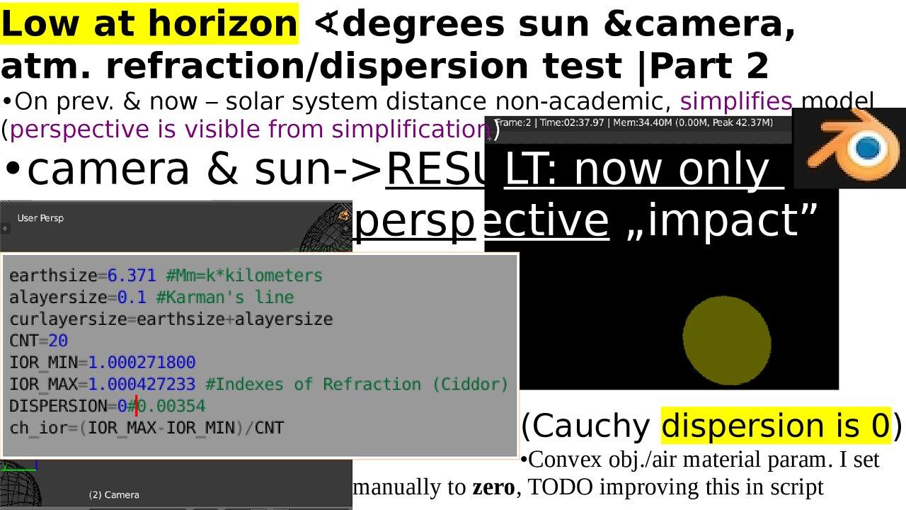 Low at horizon ∢degrees, Blender mesh & camera and atmospheric refraction/dispersion |Test Part 2
