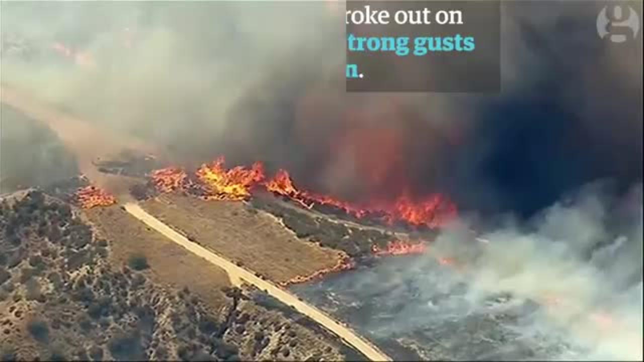 Blue Cut wildfire creates wall of flames through California canyon – aerial vide