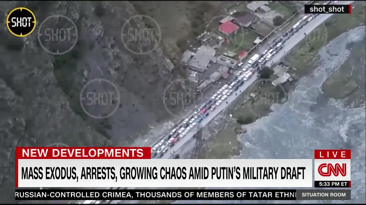 Drone video shows massive traffic jam as Russians flee the country