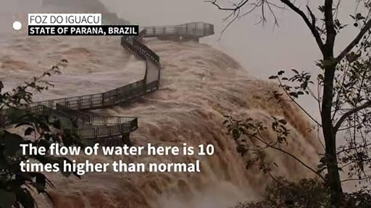 Severe storms swell Iguazu falls to 10 times normal flow
