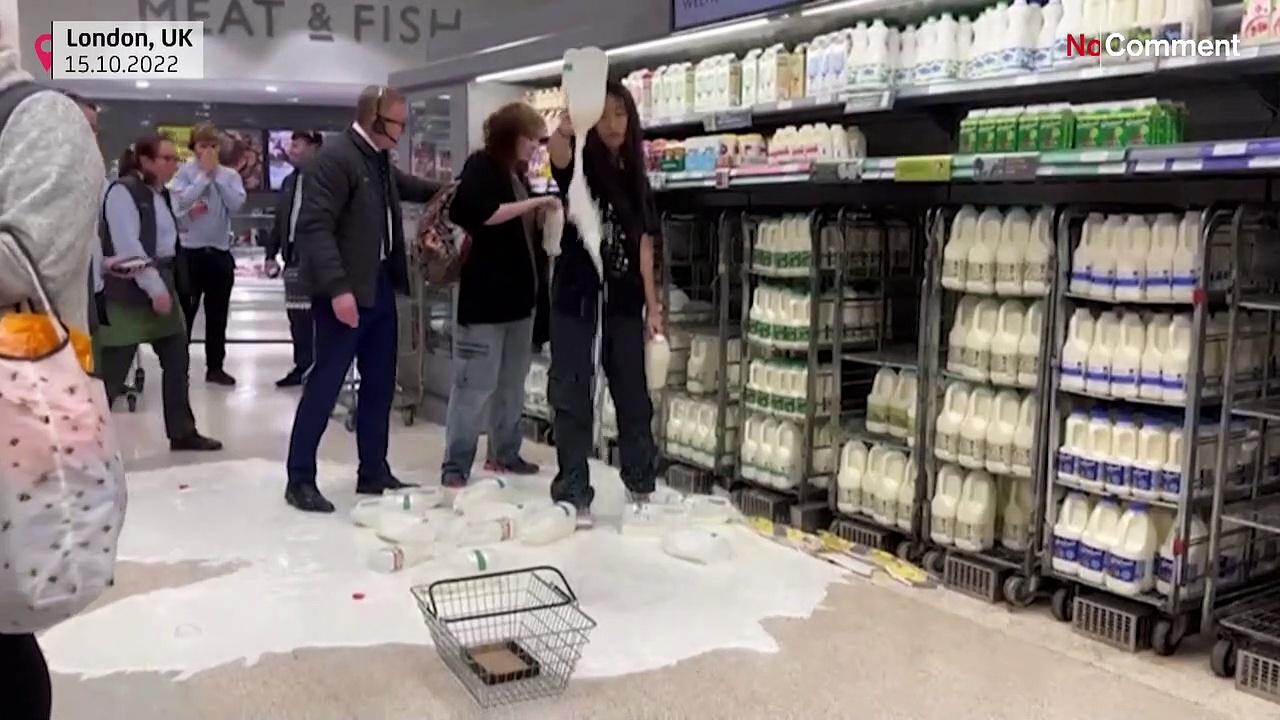 Animal rights activists douse supermarkets in milk