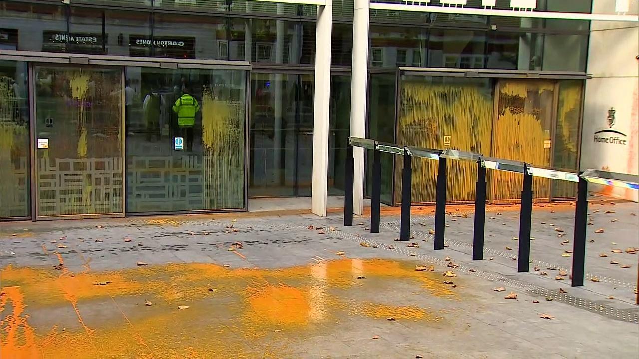 Just Stop Oil activists spray orange paint on Home Office